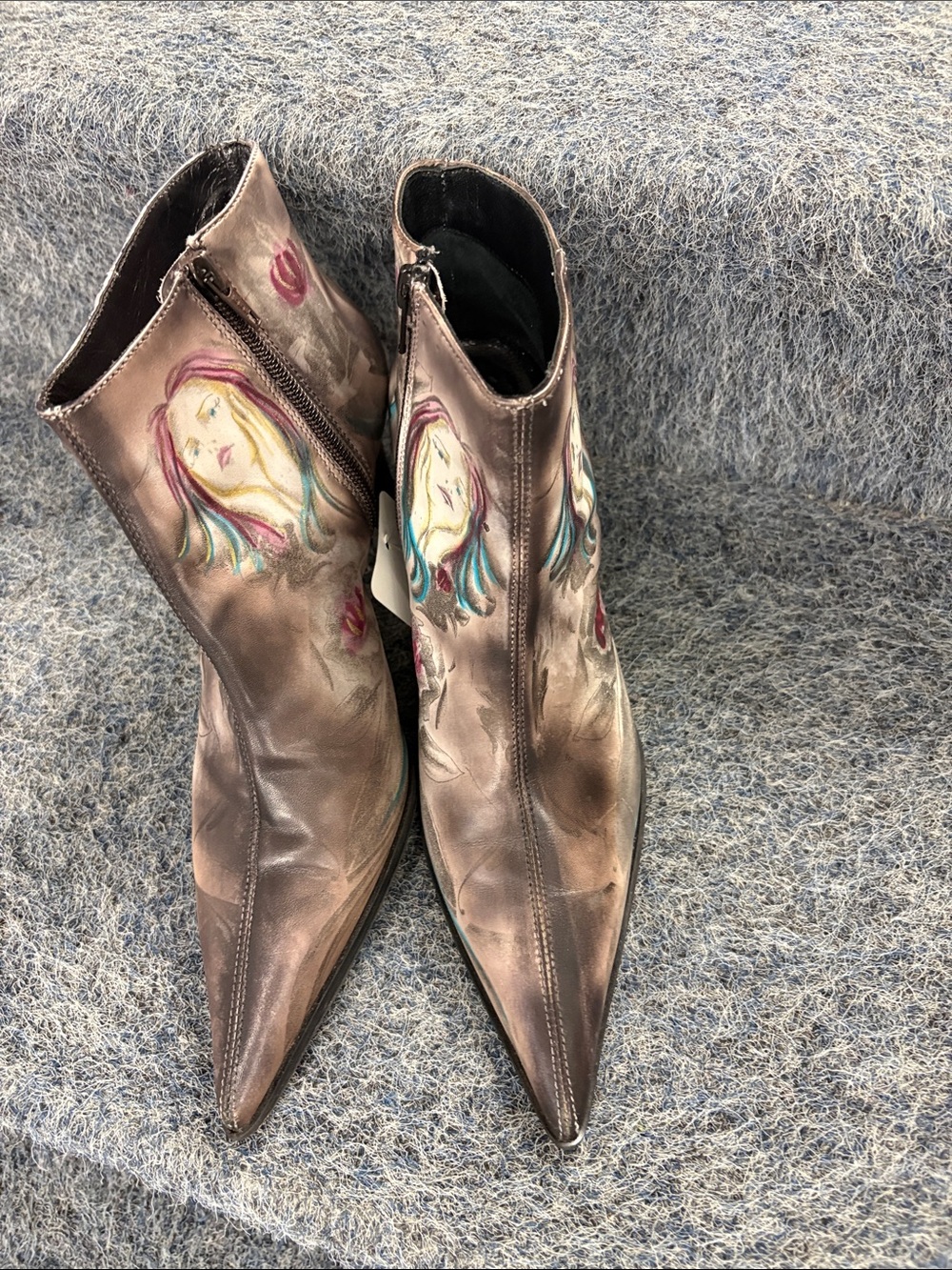 Brown Pointed-Toe Ankle Boots with Artistic Portrait Accents